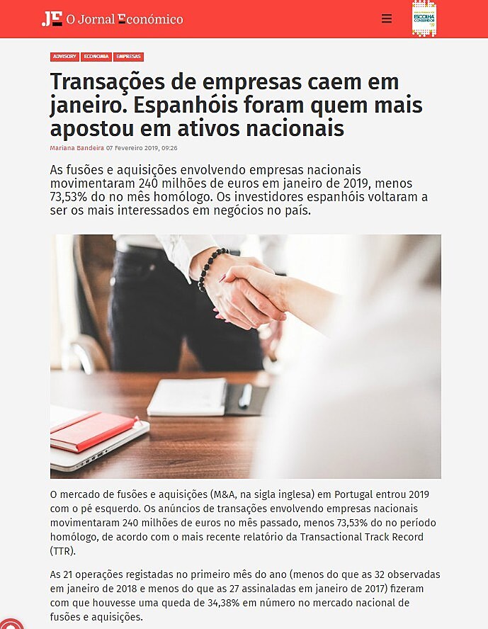 Transaes de empresas caem em janeiro. Espanhis foram quem mais apostou em ativos nacionais